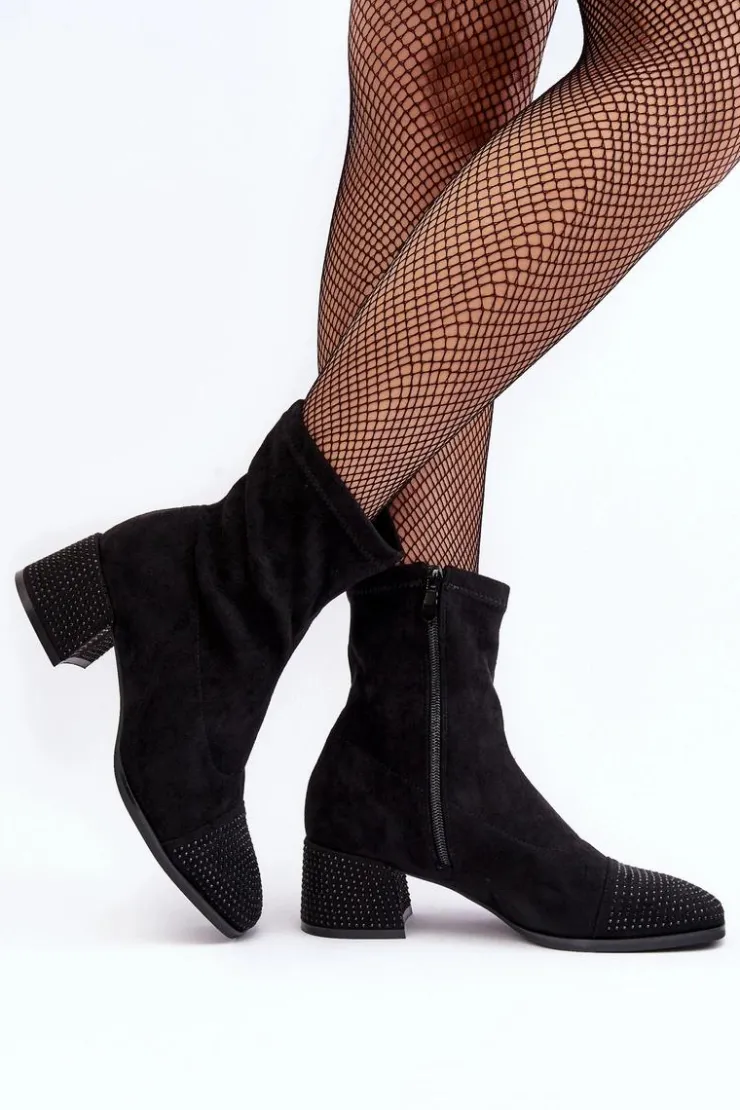 Boto Botki Na Słupku|Czarne Botki*Botki Damskie Na Niskim Obcasie Ze Zdobieniem Czarne Vissias