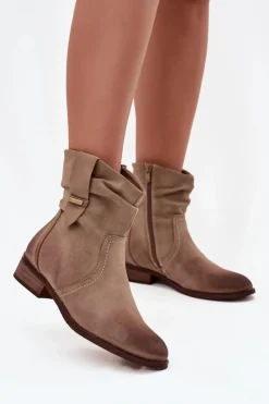 Evento Botki Ocieplane|Botki Na Obcasie*Botki Damskie Na Niskim Obcasie Z Marszczeniem Ocieplane Khaki Gracia Beżowy