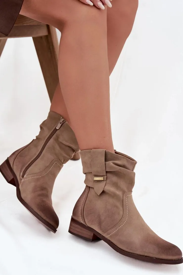 Evento Botki Ocieplane|Botki Na Obcasie*Botki Damskie Na Niskim Obcasie Z Marszczeniem Ocieplane Khaki Gracia Beżowy
