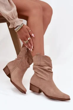 Sale Boto Botki Damskie Na Niskim Obcasie Z Marszczeniem Beżowe Adena