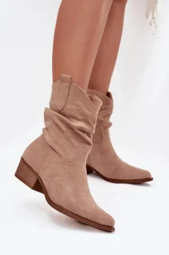 Sale Boto Botki Damskie Na Niskim Obcasie Z Marszczeniem Beżowe Adena