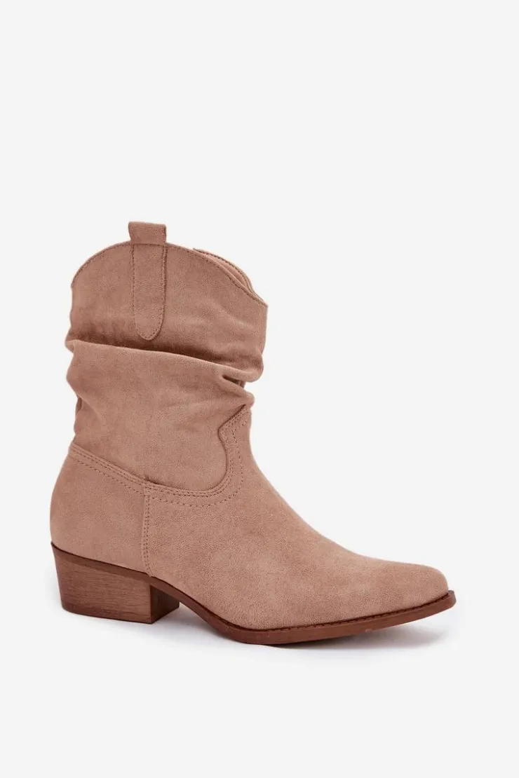 Sale Boto Botki Damskie Na Niskim Obcasie Z Marszczeniem Beżowe Adena