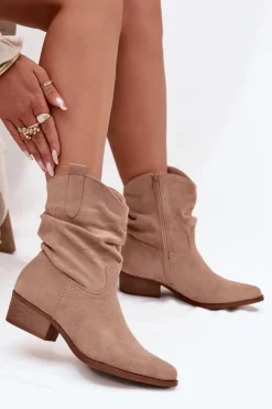 Sale Boto Botki Damskie Na Niskim Obcasie Z Marszczeniem Beżowe Adena