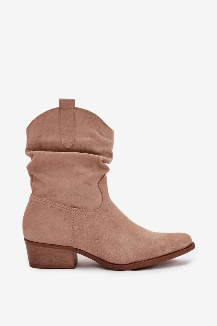 Sale Boto Botki Damskie Na Niskim Obcasie Z Marszczeniem Beżowe Adena