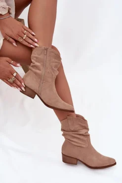 Sale Boto Botki Damskie Na Niskim Obcasie Z Marszczeniem Beżowe Adena