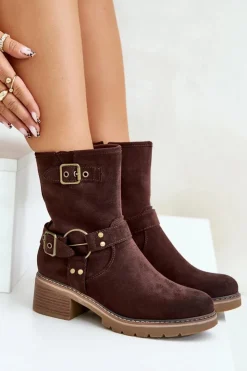Boto Botki Damskie Na Niskim Obcasie Z Klamrami Brązowe Zudra Brązowy