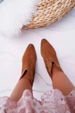 Online Boto Botki Damskie Na Obcasie Skóra Zamsz Koniak Nicole 2433