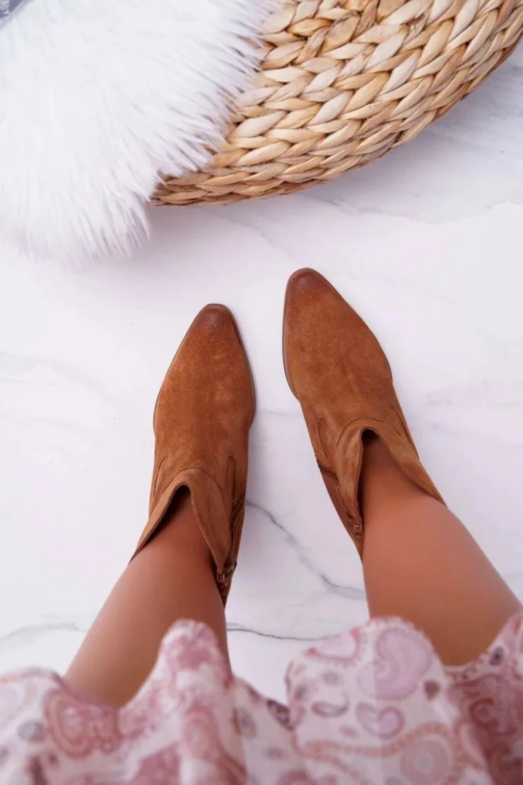 Online Boto Botki Damskie Na Obcasie Skóra Zamsz Koniak Nicole 2433