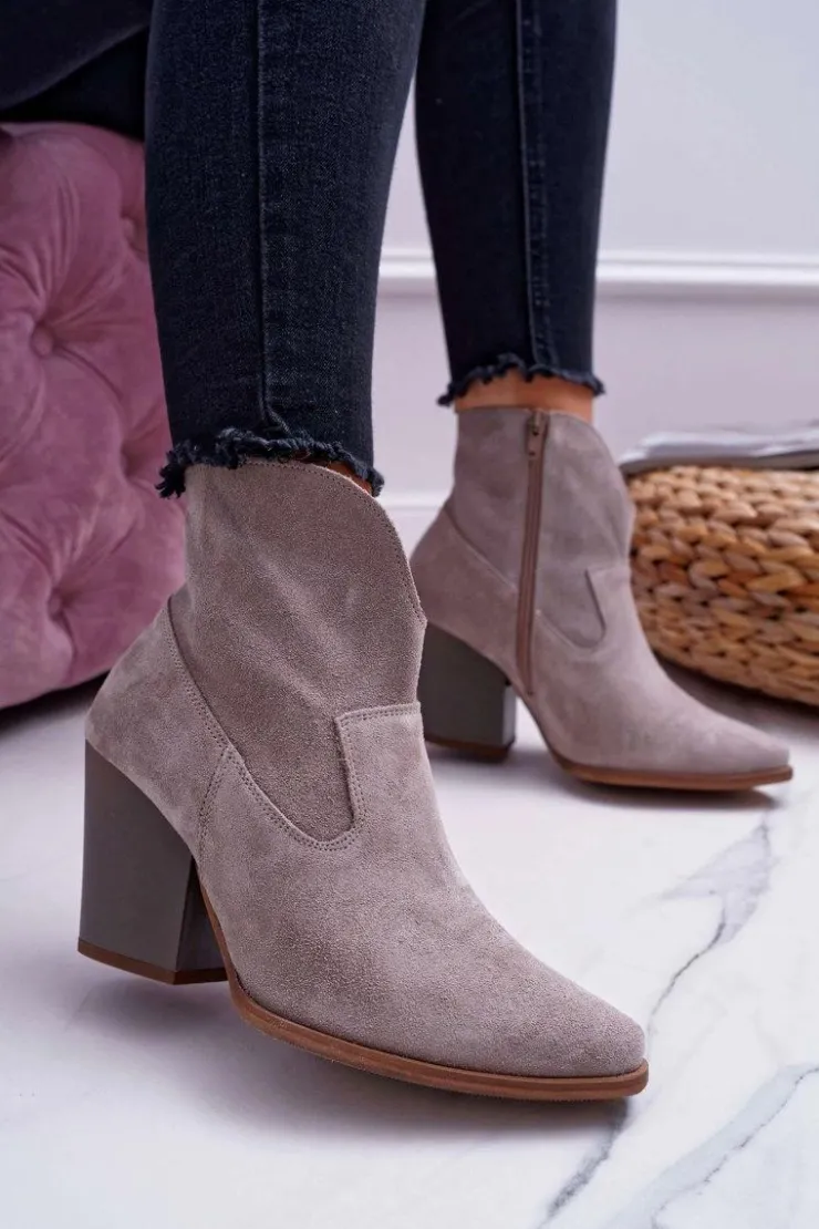 Boto Botki Na Słupku|Brązowe I Beżowe Botki*Botki Damskie Na Obcasie Skóra Zamsz Jasne Cappuccino Nicole 2433