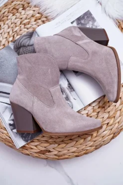 Boto Botki Na Słupku|Brązowe I Beżowe Botki*Botki Damskie Na Obcasie Skóra Zamsz Jasne Cappuccino Nicole 2433