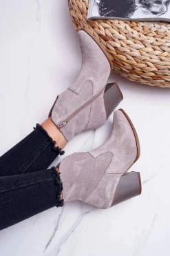 Boto Botki Na Słupku|Brązowe I Beżowe Botki*Botki Damskie Na Obcasie Skóra Zamsz Jasne Cappuccino Nicole 2433