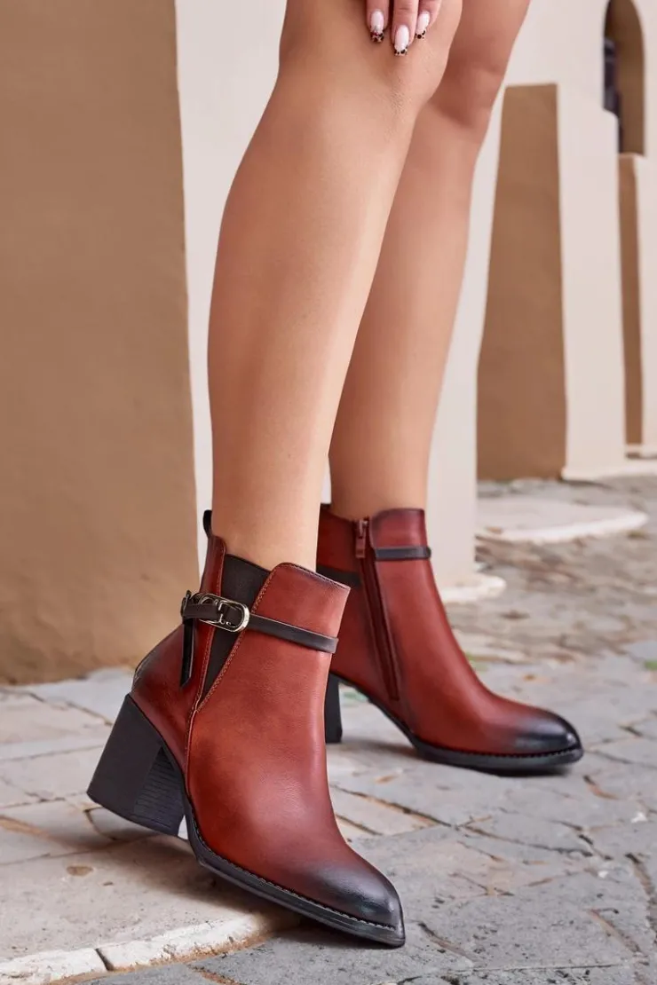 Damskie Boto Botki Damskie Na Obcasie Słupku Ocieplane Z Paskiem Brązowe Zinithia