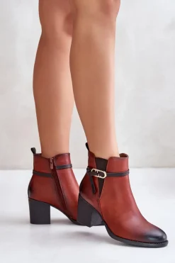 Damskie Boto Botki Damskie Na Obcasie Słupku Ocieplane Z Paskiem Brązowe Zinithia