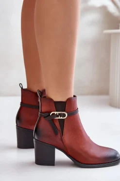 Damskie Boto Botki Damskie Na Obcasie Słupku Ocieplane Z Paskiem Brązowe Zinithia