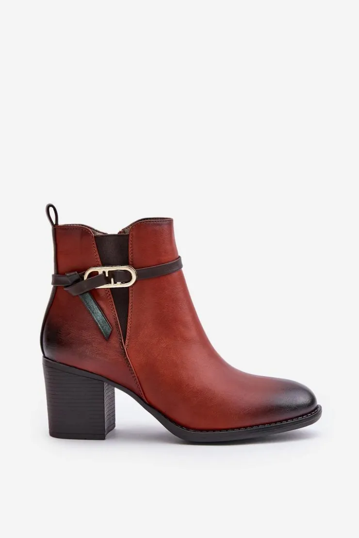 Damskie Boto Botki Damskie Na Obcasie Słupku Ocieplane Z Paskiem Brązowe Zinithia