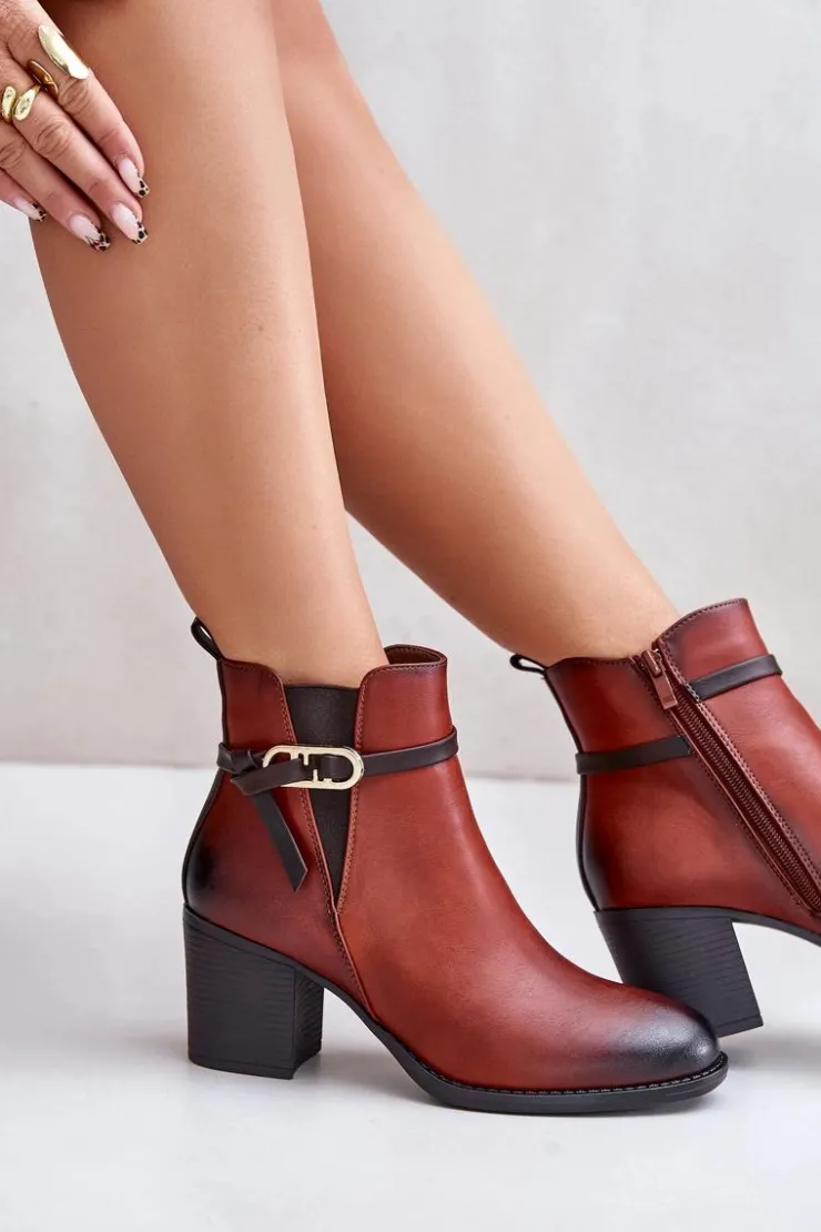 Damskie Boto Botki Damskie Na Obcasie Słupku Ocieplane Z Paskiem Brązowe Zinithia