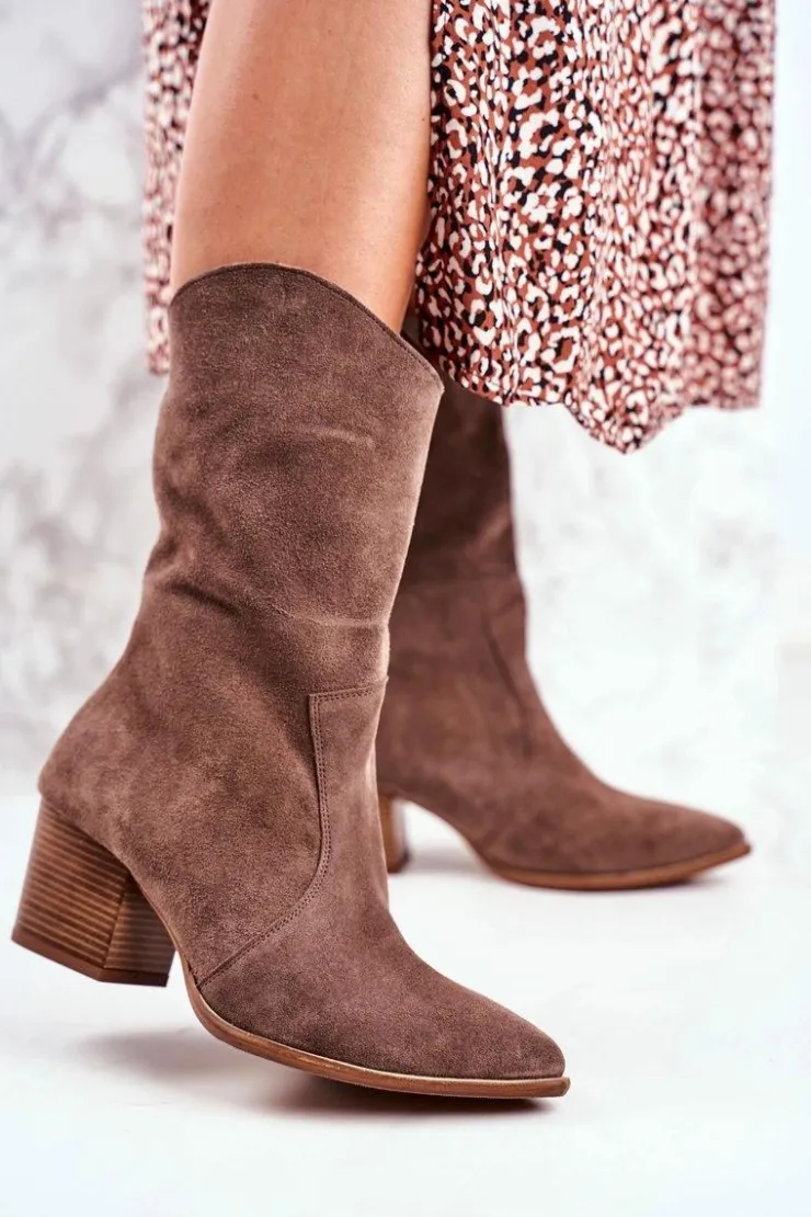 Damskie Boto Botki Damskie Na Obcasie Skóra Nubuk Cappuccino Nicole 2580