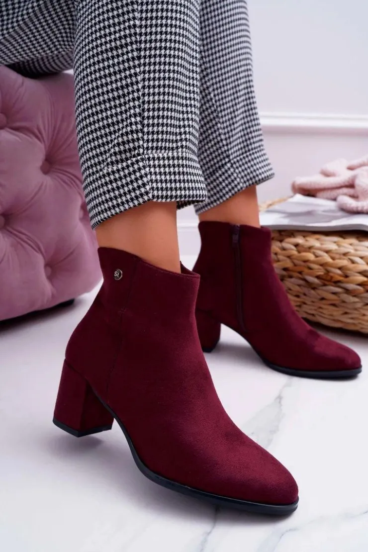 New Buty Sergio Leone Botki Damskie Na Obcasie Sergio Leone Bordowe BT520