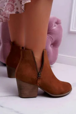 Damskie Boto Botki Damskie Na Obcasie Suwak Zamszowe Camel Farre