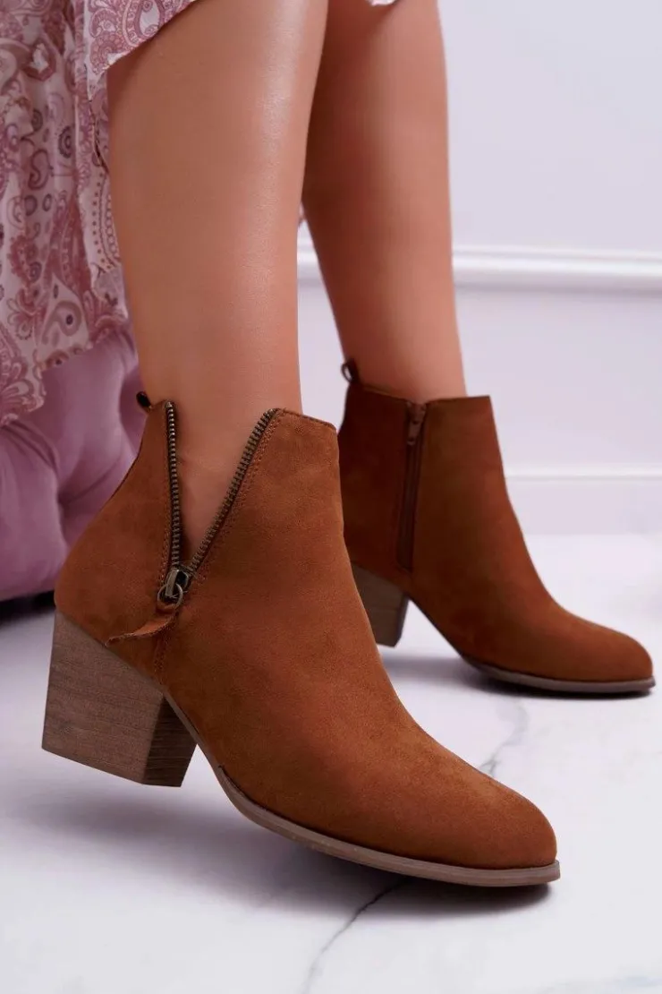 Damskie Boto Botki Damskie Na Obcasie Suwak Zamszowe Camel Farre