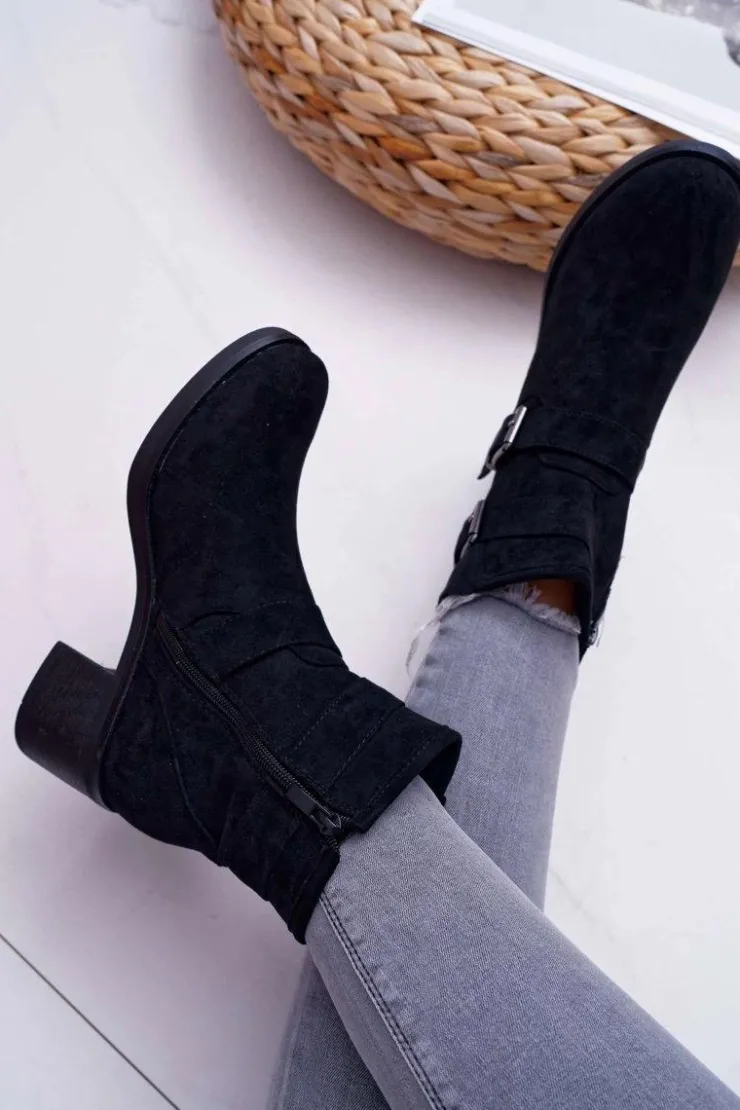 Damskie Boto Botki Damskie Na Obcasie Zamszowe Czarne Fagret