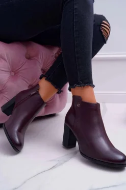 Outlet Buty Sergio Leone Botki Damskie Na Obcasie Sergio Leone Bordowe BT518