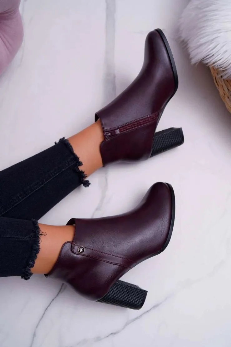 Outlet Buty Sergio Leone Botki Damskie Na Obcasie Sergio Leone Bordowe BT518