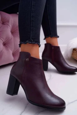 Outlet Buty Sergio Leone Botki Damskie Na Obcasie Sergio Leone Bordowe BT518