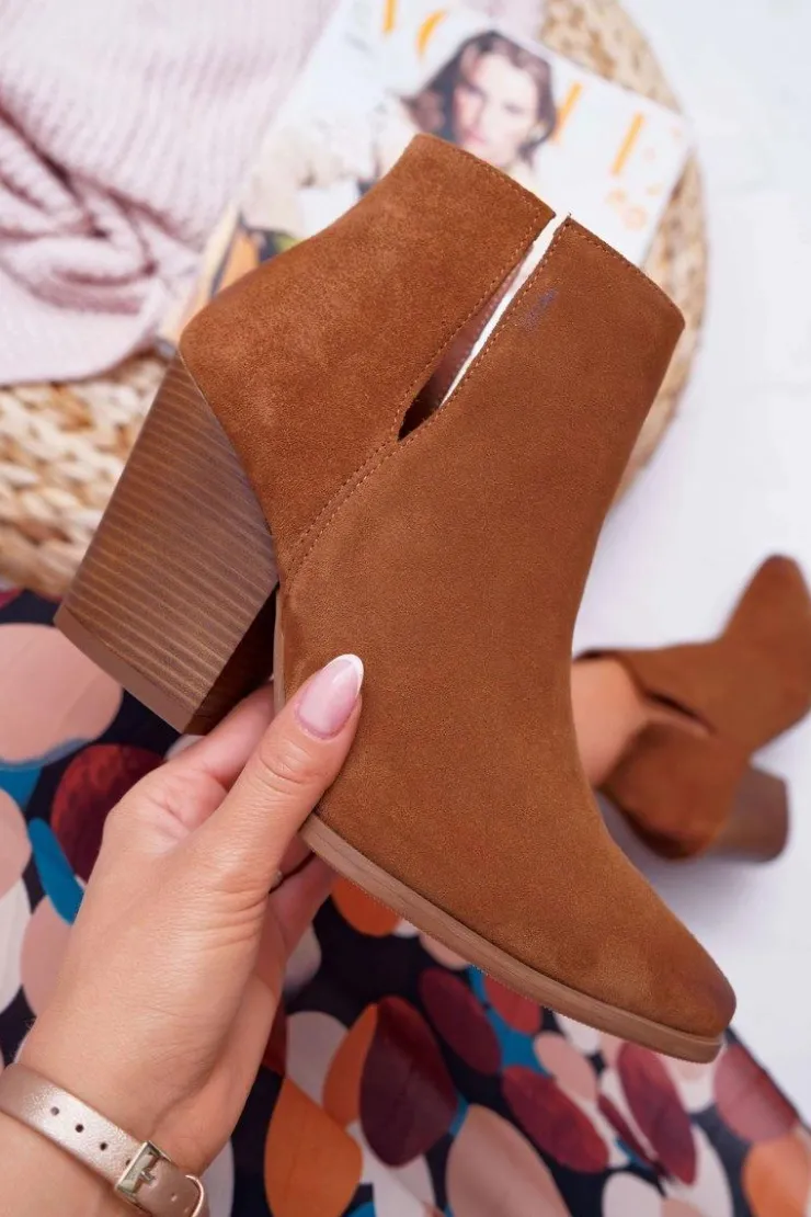 Damskie Boto Botki Damskie Na Obcasie Wiosenne Skóra Zamsz Brązowe Nicole 2430