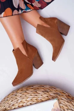 Damskie Boto Botki Damskie Na Obcasie Wiosenne Skóra Zamsz Brązowe Nicole 2430