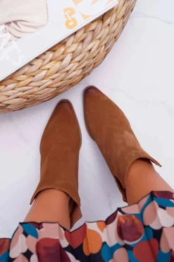 Damskie Boto Botki Damskie Na Obcasie Wiosenne Skóra Zamsz Brązowe Nicole 2430