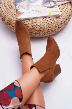 Damskie Boto Botki Damskie Na Obcasie Wiosenne Skóra Zamsz Brązowe Nicole 2430