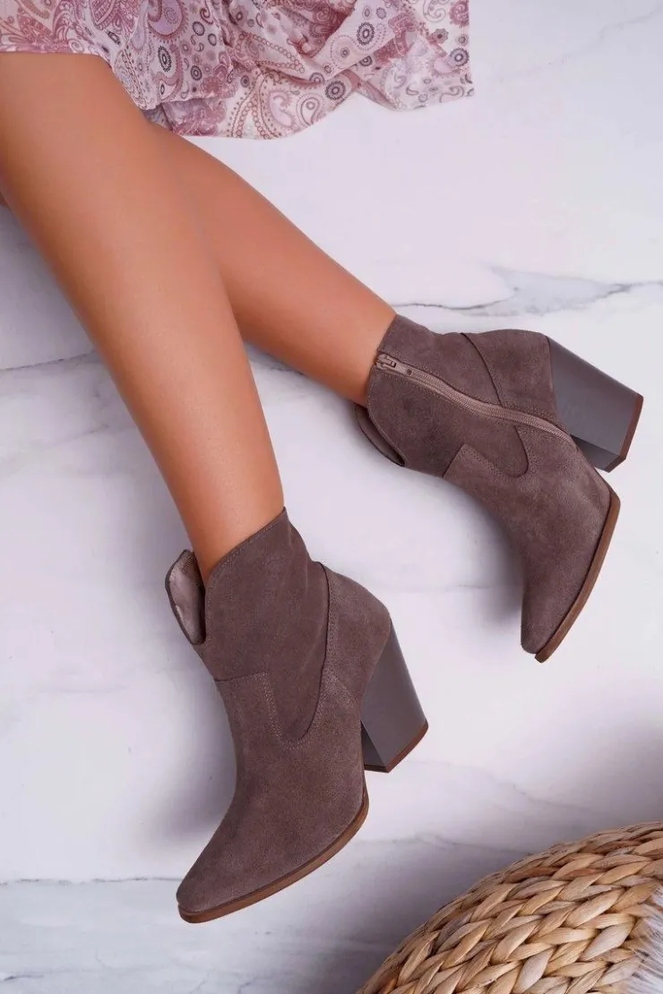 Boto Botki Na Słupku|Brązowe I Beżowe Botki*Botki Damskie Na Obcasie Skóra Zamsz Cappuccino Nicole 2433