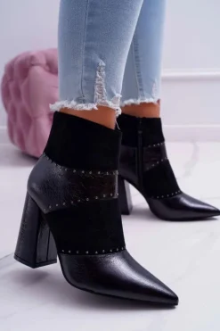 Damskie Boto Botki Damskie Na Obcasie Z Nitami W Szpic RB21P Czarne Yango