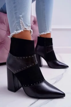 Damskie Boto Botki Damskie Na Obcasie Z Nitami W Szpic RB21P Czarne Yango