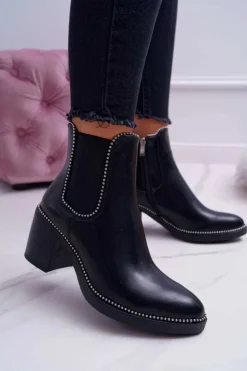 Damskie Boto Botki Damskie Na Obcasie Z Dżetami Czarne Rhythmic