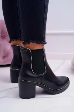 Damskie Boto Botki Damskie Na Obcasie Z Dżetami Czarne Rhythmic