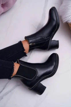 Damskie Boto Botki Damskie Na Obcasie Z Dżetami Czarne Rhythmic