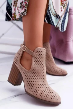Boto Botki Wiosenne|Botki Na Słupku*Botki Damskie Na Obcasie Wiosenne Ażurowe Beżowe GoodDay