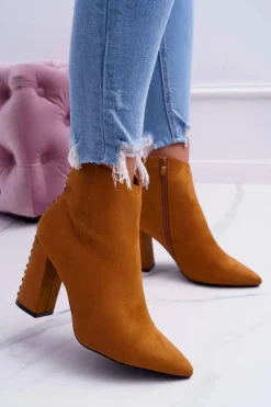 Discount Boto Botki Damskie Na Obcasie Z Nitami W Szpic RB23P Camel Snack