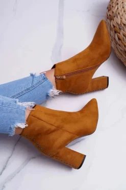 Discount Boto Botki Damskie Na Obcasie Z Nitami W Szpic RB23P Camel Snack