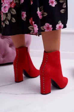 Boto Botki Na Słupku|Botki Zimowe Damskie*Botki Damskie Na Obcasie Z Nitami W Szpic Czerwone Snack