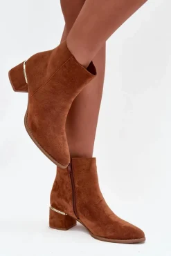 Damskie Boto Botki Damskie Na Obcasie Ze Złotym Elementem Ocieplane Camel Nolessa