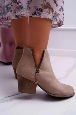 Boto Botki Na Słupku|Botki Na Obcasie*Botki Damskie Na Obcasie Suwak Zamszowe Beżowe Farre