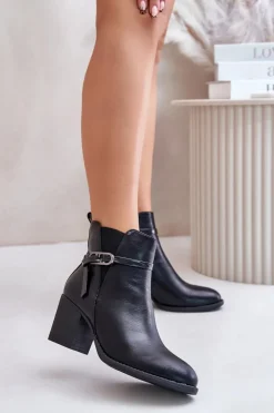 Online Boto Botki Damskie Na Obcasie Słupku Ocieplane Z Paskiem Czarne Zinithia Czarny