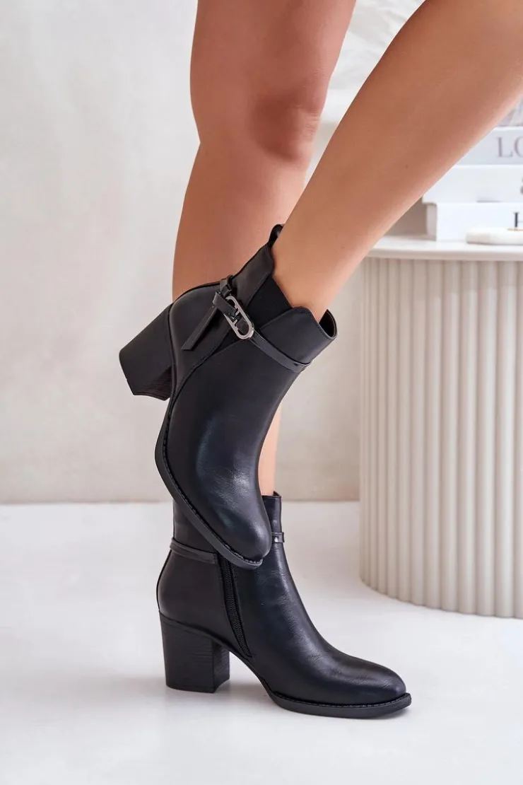 Online Boto Botki Damskie Na Obcasie Słupku Ocieplane Z Paskiem Czarne Zinithia Czarny