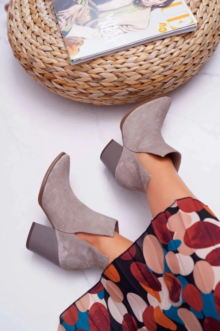 Damskie Boto Botki Damskie Na Obcasie Wiosenne Skóra Zamsz Cappuccino Nicole 2430