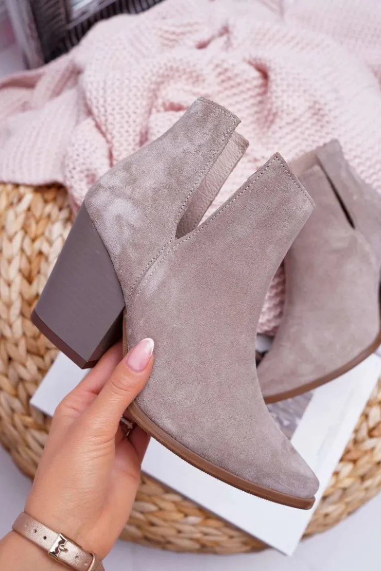 Damskie Boto Botki Damskie Na Obcasie Wiosenne Skóra Zamsz Cappuccino Nicole 2430