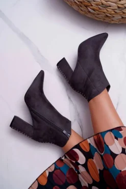 Clearance Boto Botki Damskie Na Obcasie Z Nitami W Szpic Szare Snack