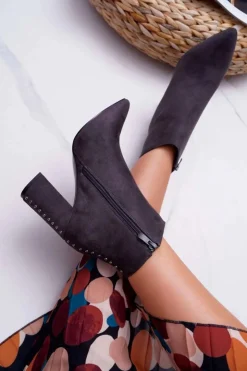 Clearance Boto Botki Damskie Na Obcasie Z Nitami W Szpic Szare Snack